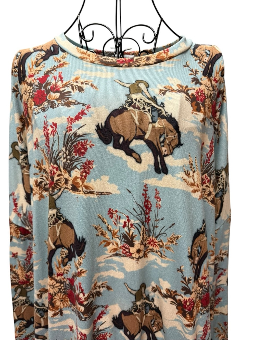 Light Blue Western Cowboy Floral Sweatshirt L/XL - Picture 4 of 8